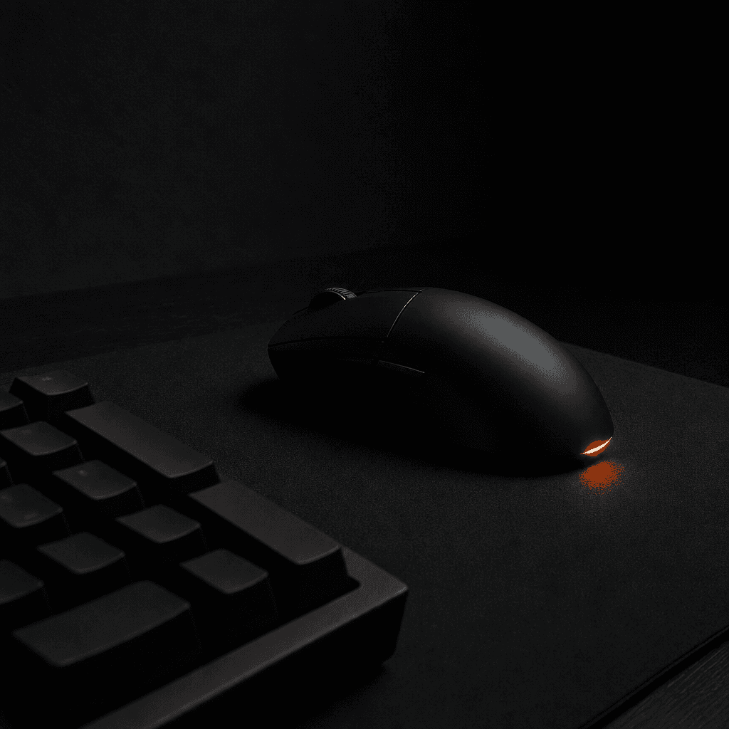 A black gaming mouse and keyboard on a dark desk, lit by one small orange point of light