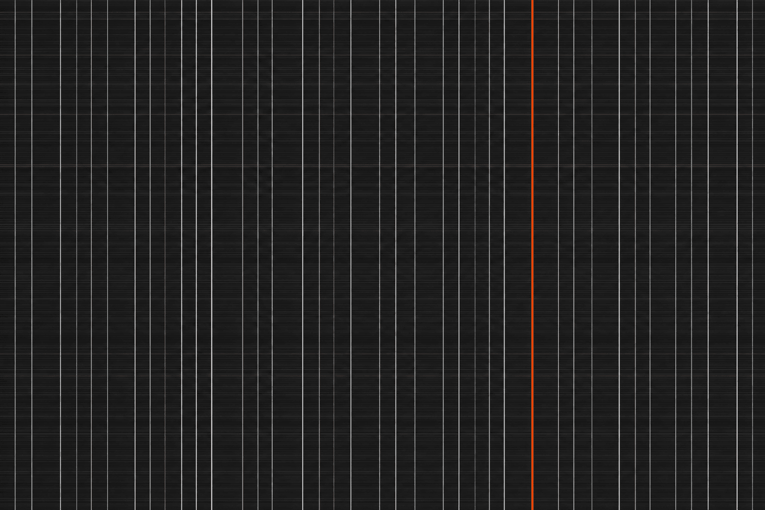 A photo-finish timing strip of pale vertical hairlines with one orange line